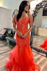 Sparkly Orange Floral Mermaid Off The Shoulder Long Prom Dress