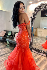 Sparkly Orange Floral Mermaid Off The Shoulder Long Prom Dress