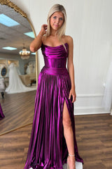 Sparkly Dark Purple Pleated A-Line Strapless Long Prom Dress with Slit