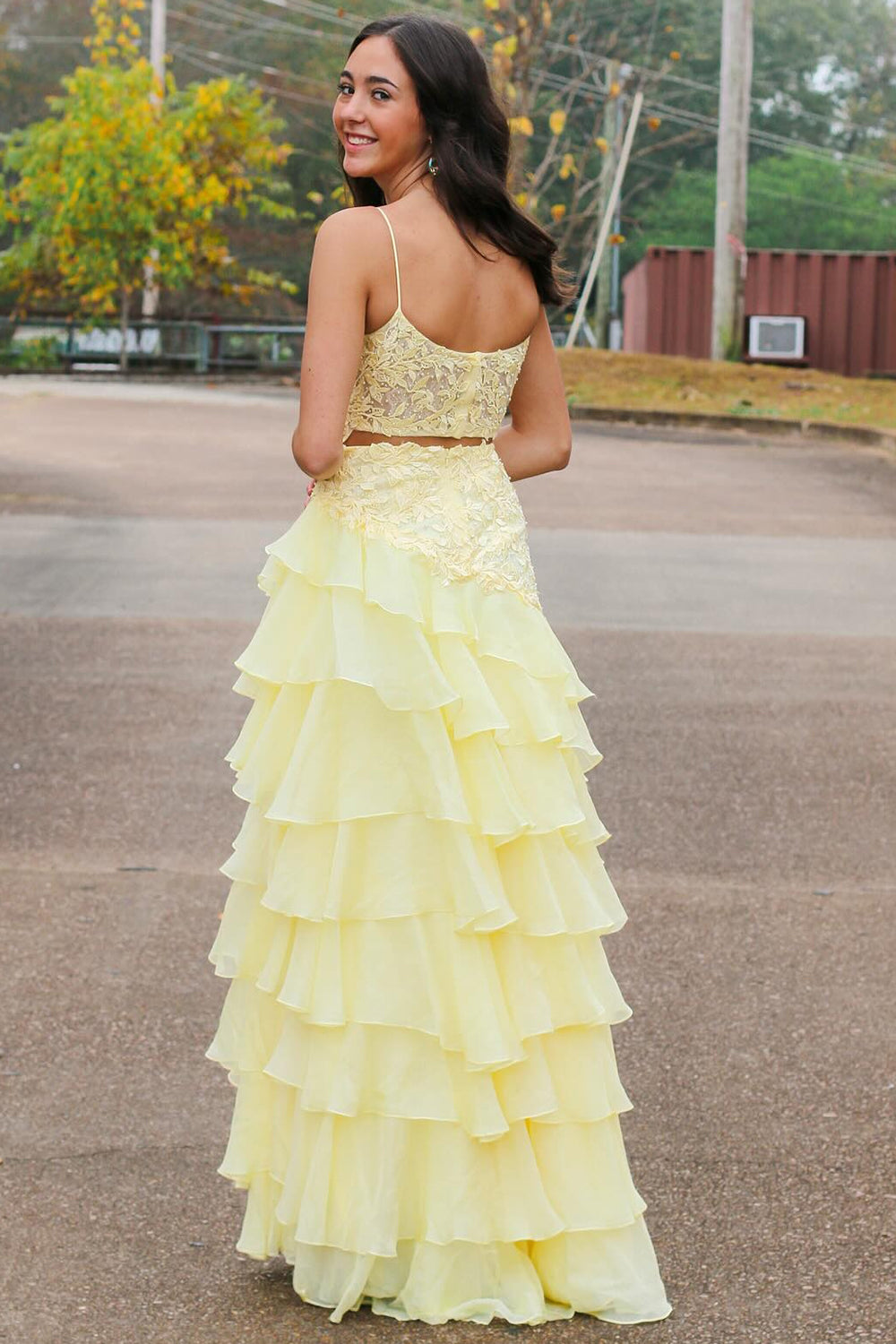 Yellow Floral Tiered Spaghetti Straps Prom Dress with Slit