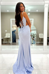 Sparkly Lilac Spaghetti Straps Mermaid Long Prom Dress with Slit