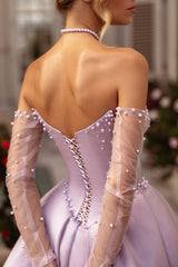 Lilac Beaded A-Line Sweetheart Corset Prom Dress with Slit