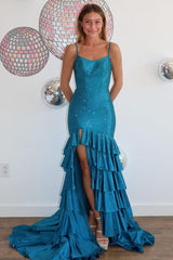 Sparkly Blue Tiered Mermaid Spaghetti Straps Long Prom Dress with Slit