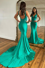 Sparkly Green Beaded Mermaid V-Neck Backless Long Prom Dress