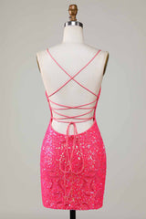 Sparkly Pink Beaded Sequins Tight Short Homecoming Dress