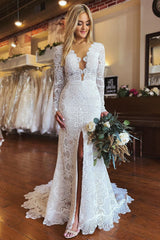 Bohemian White Mermaid Long Lace Wedding Dress with Sleeves