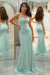 Glitter Light Green Mermaid Long Prom Dress With Appliques