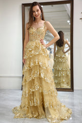 Sparkly Golden Tiered A-Line Long Prom Dress with Lace