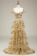 Gold Prom Dress Off The Shoulder Tiered Lace Evening Dress