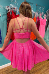 Sparkly Hot Pink Open Back Sequins A-Line Short Homecoming Dress