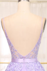 Lilac A-Line Spaghetti Straps Long Beaded and Tulle Prom Dress with Appliques