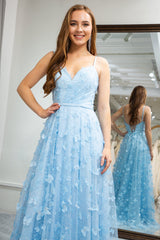 Sky Blue A Line Backless Beaded Appliques Long Prom Dress With Slit