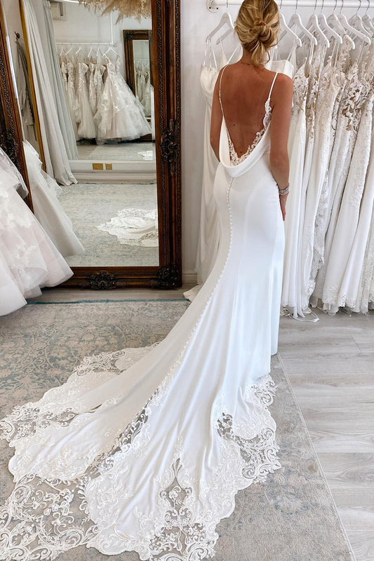 White Spaghetti Straps Long Mermaid Boho Wedding Dress with Lace Details