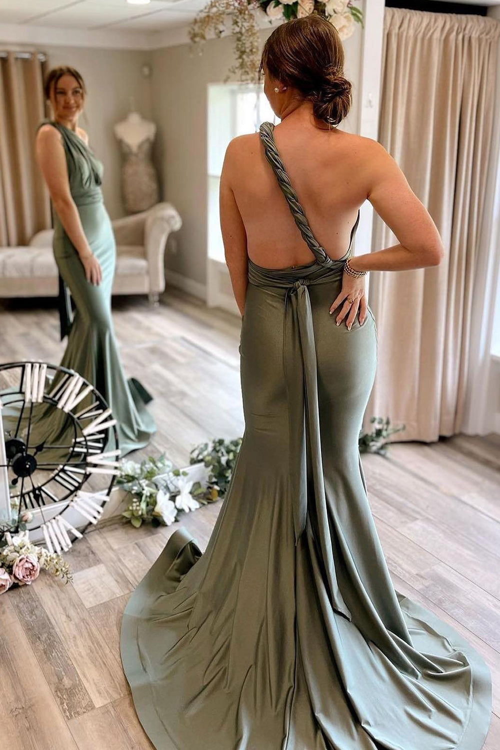 Light Green Convertible Satin Mermaid Prom Bridesmaid Dress