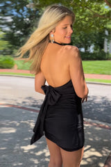 Simple Black Halter Backless Tight Short Satin Homecoming Dress