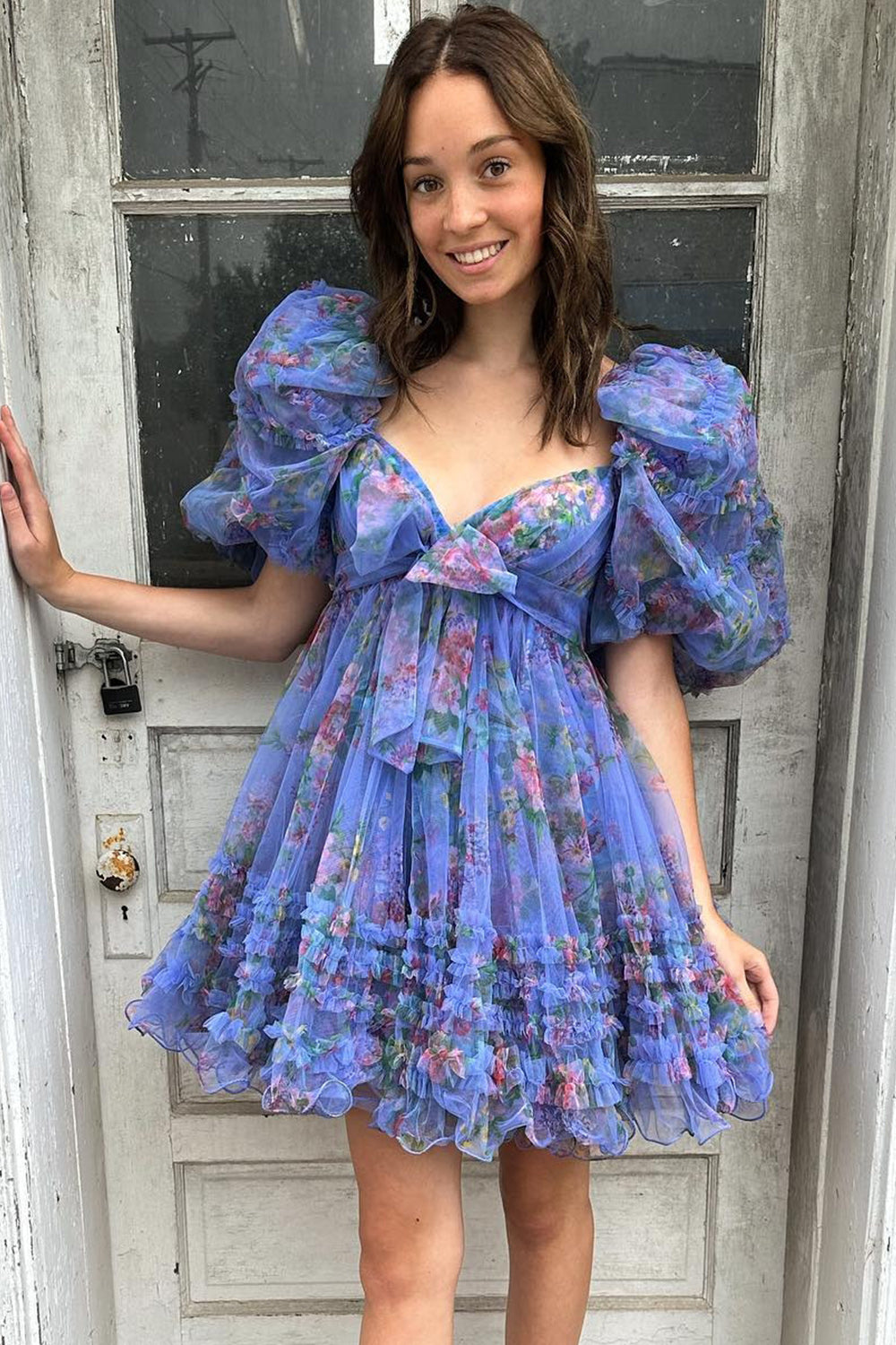 Blue Puff Sleeves A-Line Floral Short Homecoming Dress with Ruffles