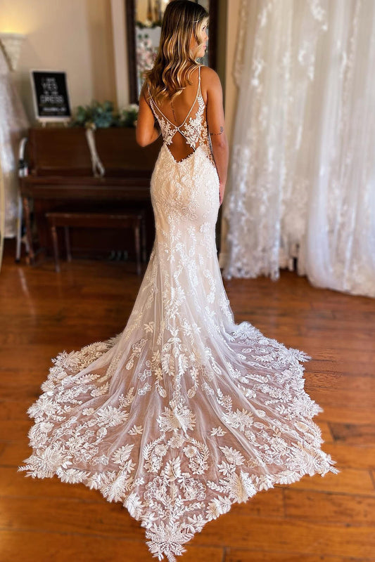 Graceful Ivory Mermaid Open Back Long Lace Wedding Dress