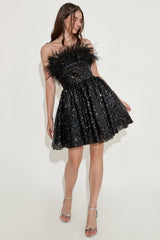 Black Strapless Cocktail Dress with Feathers