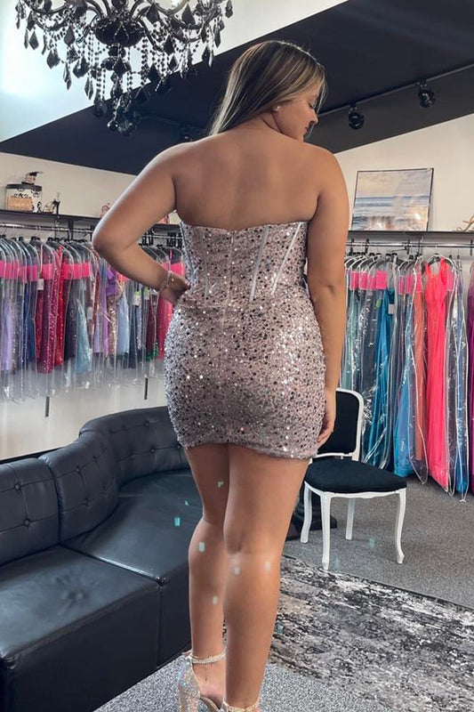 Sparkly Grey Pink Sequin Corset Tight Short Homecoming Dress