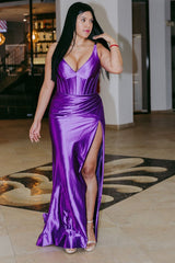 Dark Purple Corset Mermaid Long Satin Prom Dress with Slit