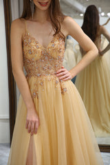 Golden A Line Long Corset Prom Dress With Appliques