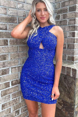 Glitter Royal Blue Halter Backless Sequins Tight Homecoming Dress