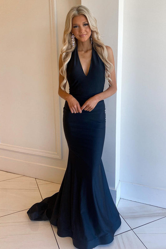 Mermaid Deep V Neck Black Long Prom Dress with Open Back