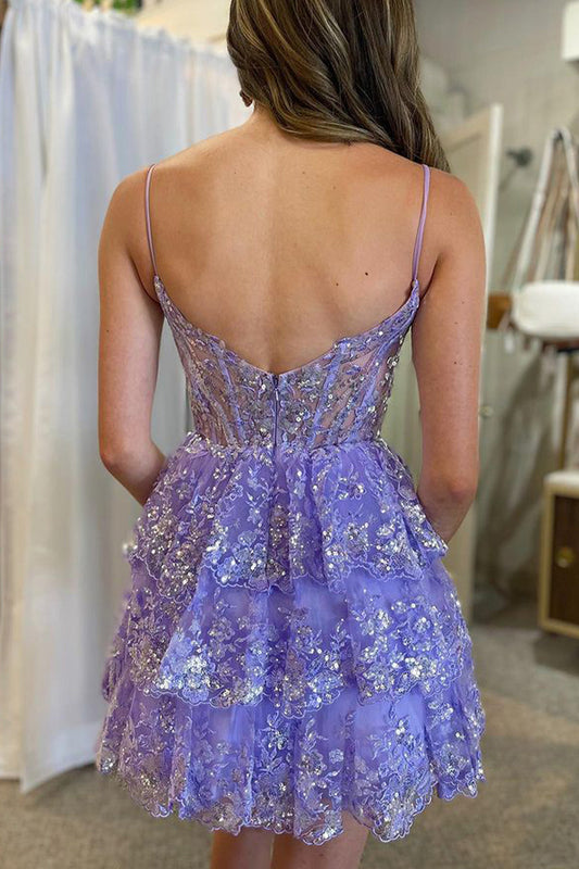 Purple Princess A-Line Spaghetti Strap Sequin Short Homecoming Dress