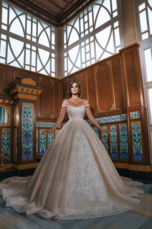 Off-the-Shoulder Sequined Long Wedding Dress with Slit