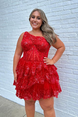 Glitter One Soulder Black Tiered A-Line Lace Short Homecoming Dress