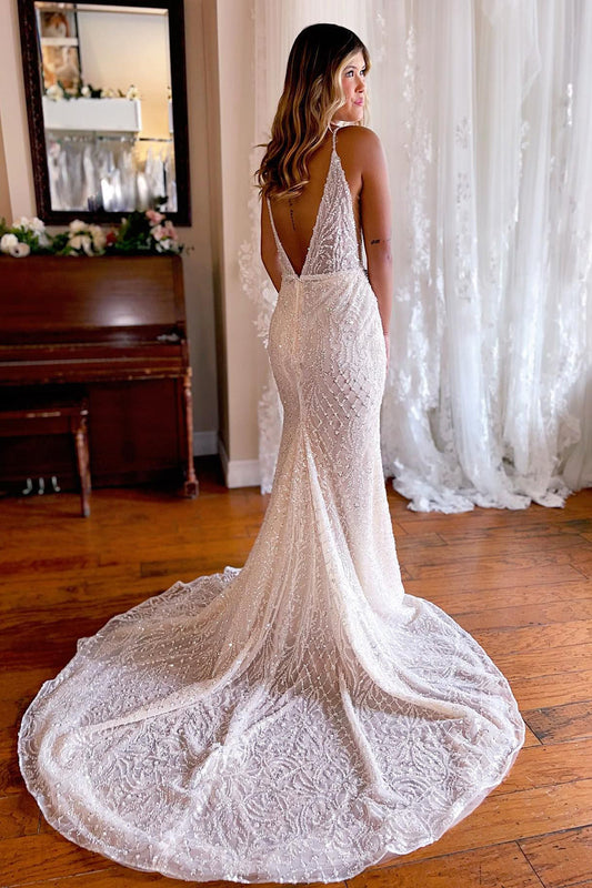 Dazzling Backless Sparkly Mermaid White Lace Wedding Dress with Sweep Train