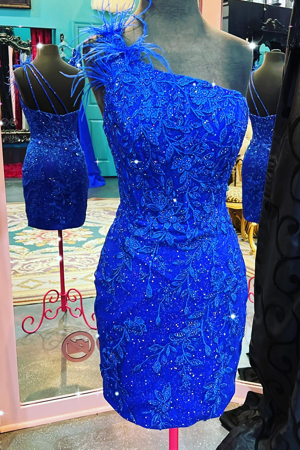 Glitter Royal Blue Lace One Shoulder Tight Short Homecoming Dress with Feathers