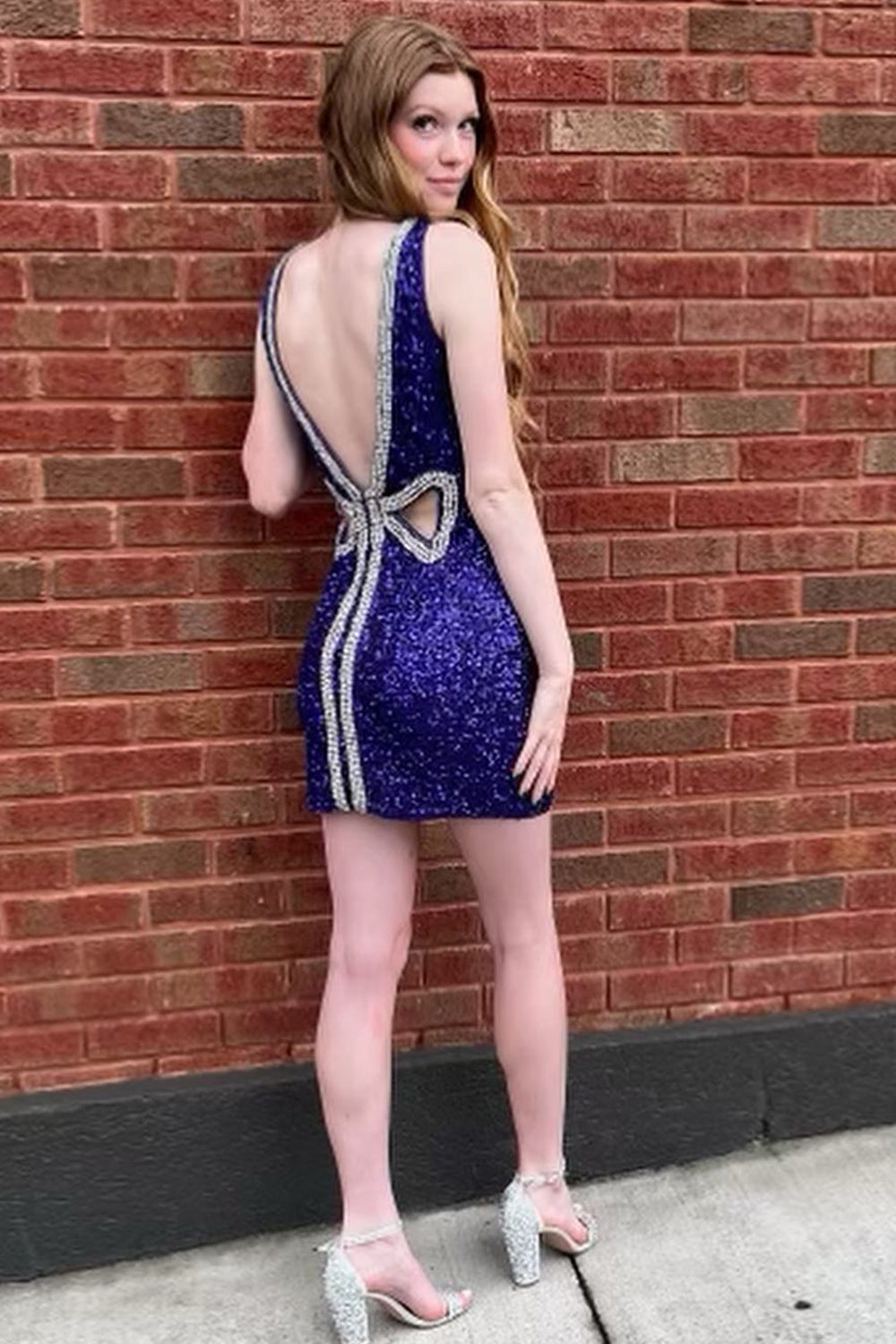 Sparkly Purple Beaded Backless Sequins Tight Short Homecoming Dress