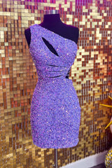 Sparkly Purple One Shoulder Cut Out Sequins Tight Short Homecoming Dress