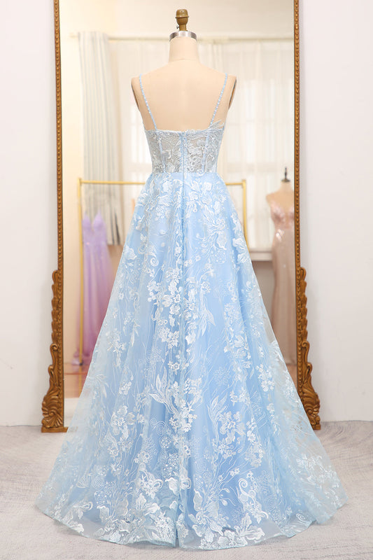 Sky Blue A Line Tulle Long Corset Prom Dress With Appliques