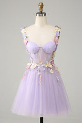 Purple Spaghetti Straps Tulle Homecoming Dress With 3D Flowers