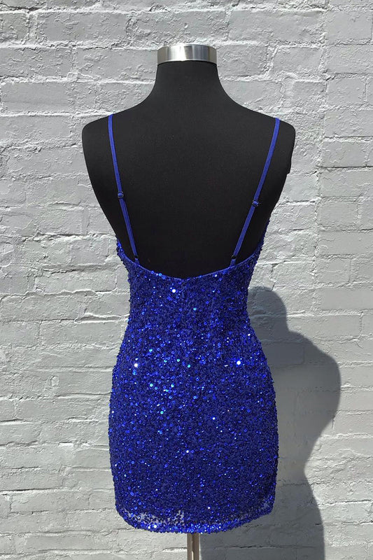 Sparkly Royal Blue Ruched Tight Short Sequins Homecoming Dress