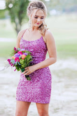 Orange Spaghetti Straps Backless Sequins Tight Homecoming Dress