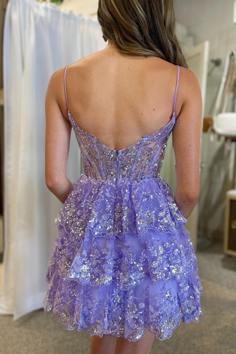 Sparkly Blue Corset Spaghetti Straps A Line Lace Short Homecoming Dress