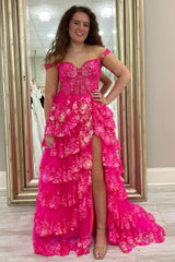 Sparkly Fuchsia Tiered Long Lace Prom Dress with Slit