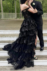 Black Prom Dress Off The Shoulder Tiered Lace Sequin Evening Dress