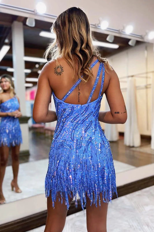 Blue Sheath One Shoulder Sequin Short Homecoming Dress with Tassels