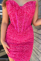 Sparkly Fuchsia Corset Sweetheart Sequins Tight Short Homecoming Dress