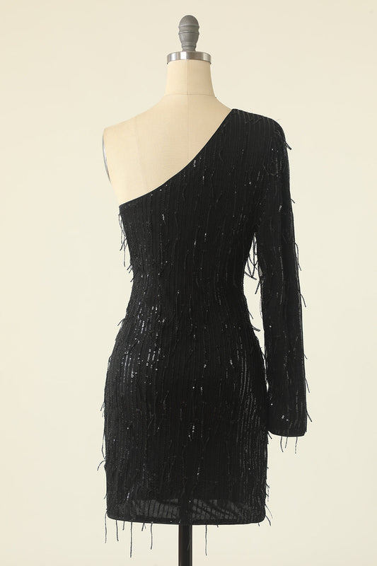 One Shoulder Black Cocktail Dress With Feathers