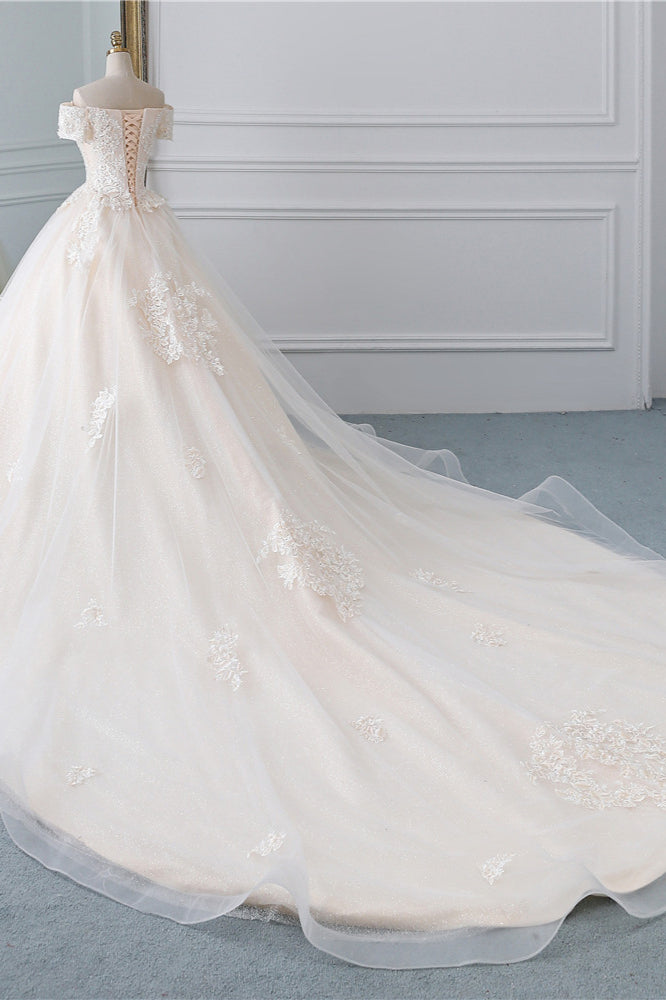 Princess Off-the-Shoulder Tulle Wedding Dress with Lace Appliques