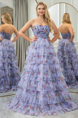 Lavender A Line Strapless Tiered Long Prom Dress With Feathers