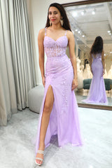 Lilac Mermaid Long Corset Appliqued Prom Dress With Slit