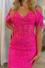 Sparkly Fuchsia Sequin Lace Tight Short Homecoming Dress with Feathers