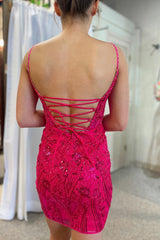 Sparkly Fuchsia Sequined Lace Tight Short Homecoming Dress