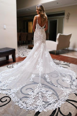 Elegant Ivory Backless Lace Mermaid Long Wedding Dress